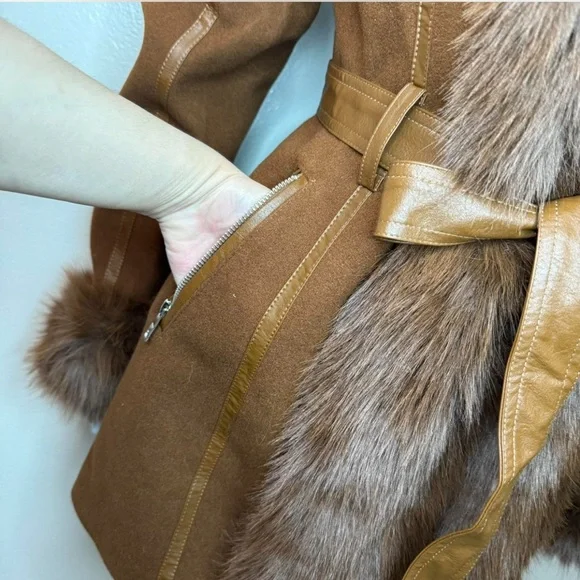 Brown faux fur belted hooded pea coat with faux leather trims - Picture 6 of 11